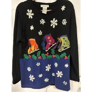 Vintage Holiday Snowflake skating Sweater Grandma Ugly Christmas Medium
